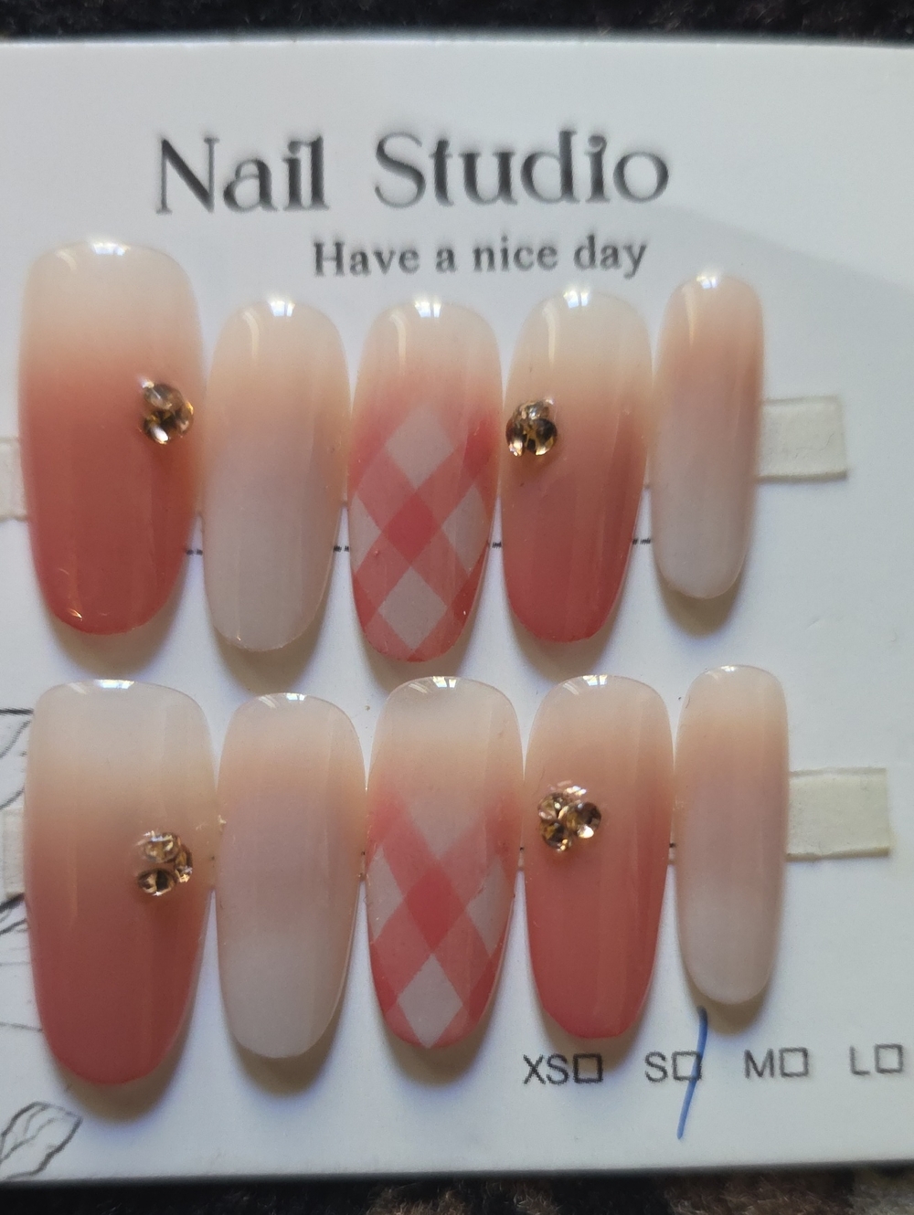 Pink Ombre Press-On Nails with Plaid Accent Size Small